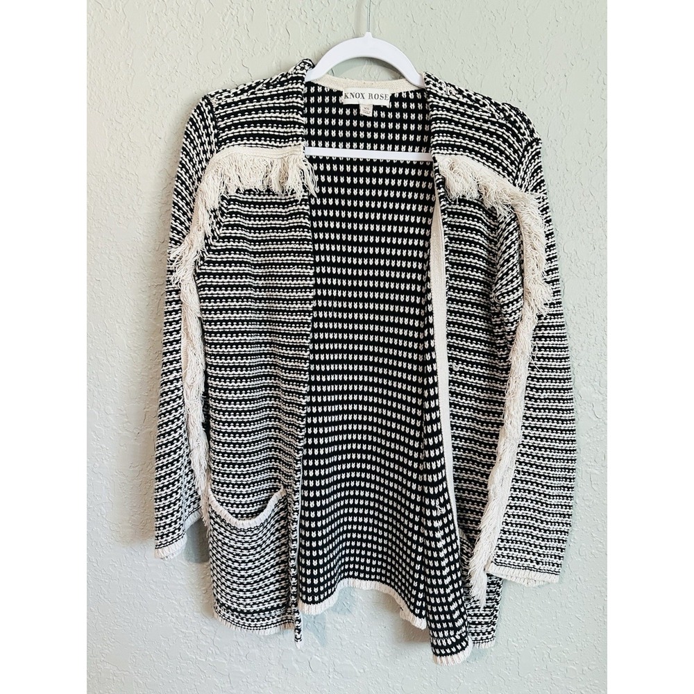 Knox Rose Black White Fringe Long Sleeve Cardigan Size Xs